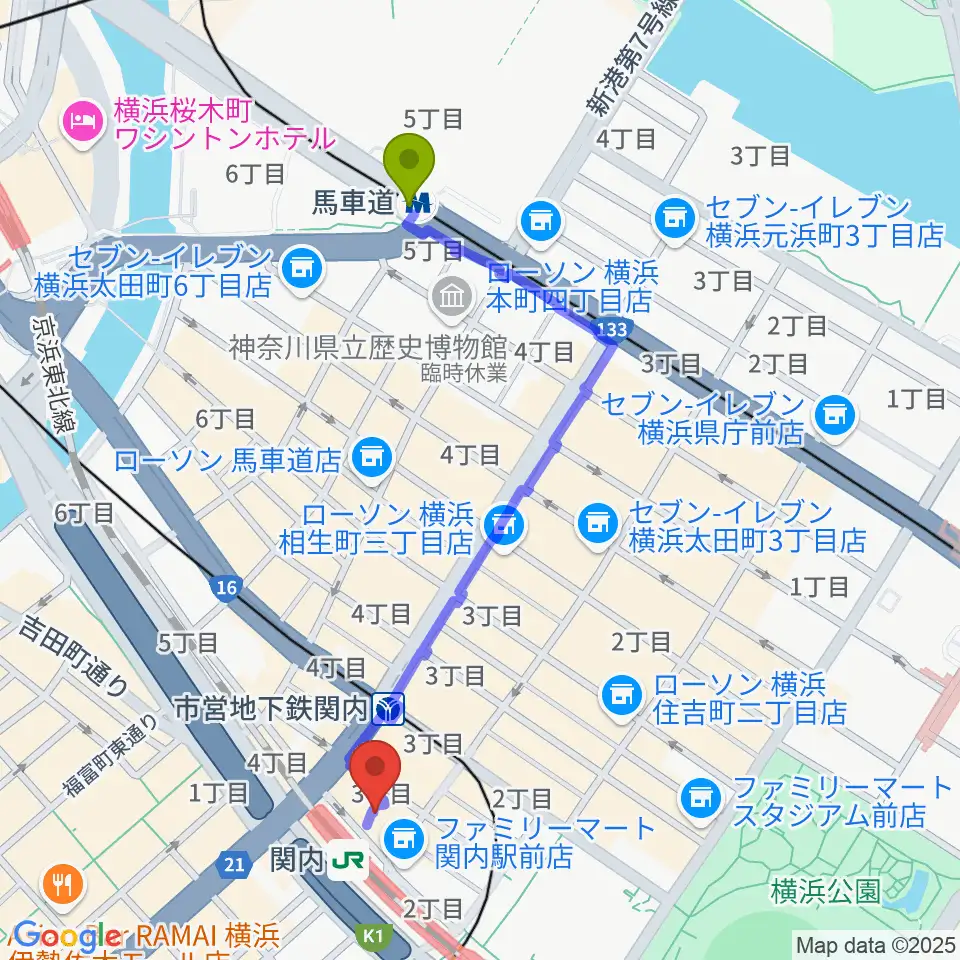 馬車道駅から月桃荘スタジオへのルートマップ地図