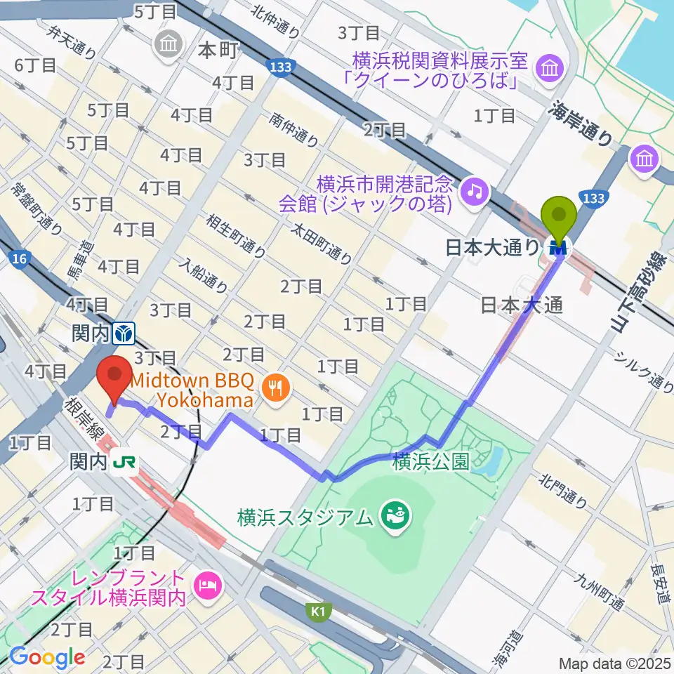 日本大通り駅から月桃荘スタジオへのルートマップ地図