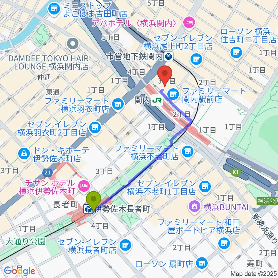 伊勢佐木長者町駅から月桃荘スタジオへのルートマップ地図