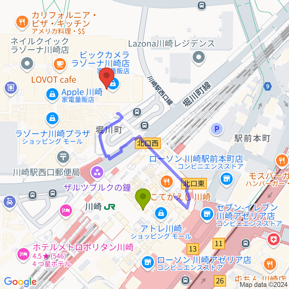 109シネマズ川崎の最寄駅川崎駅からの徒歩ルート（約3分）地図