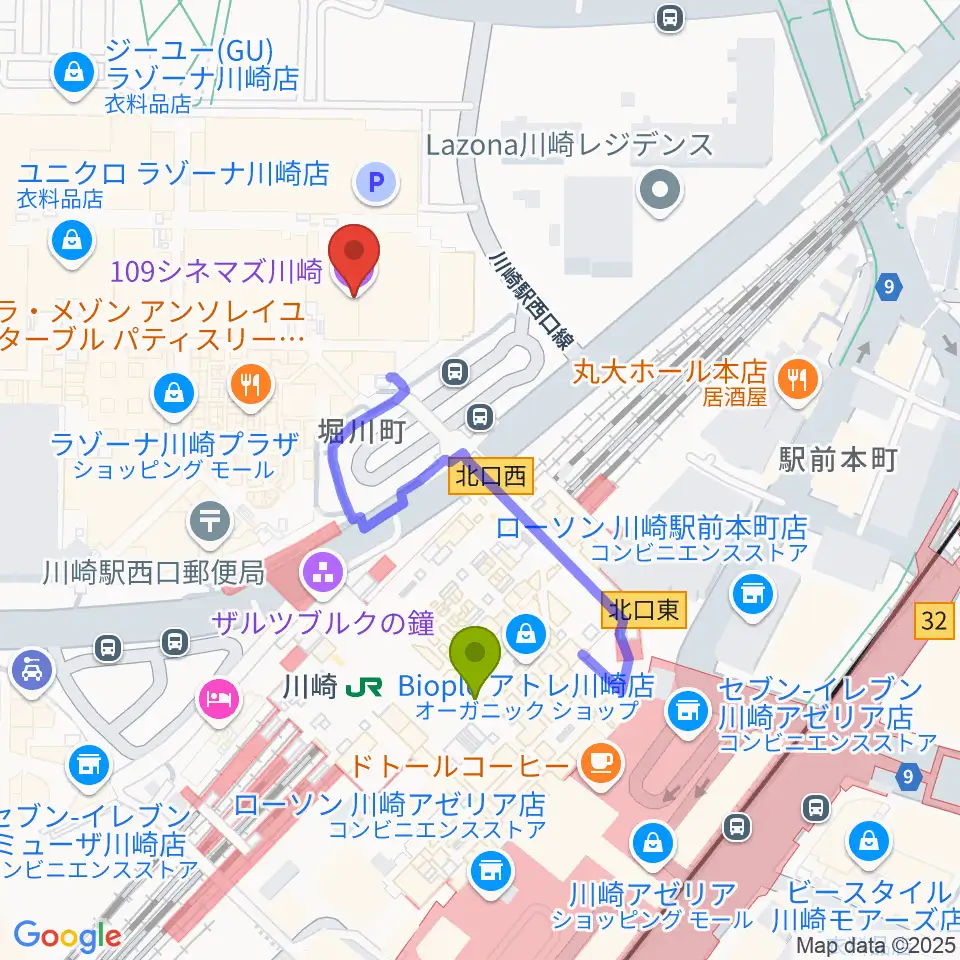 109シネマズ川崎の最寄駅川崎駅からの徒歩ルート（約3分）地図