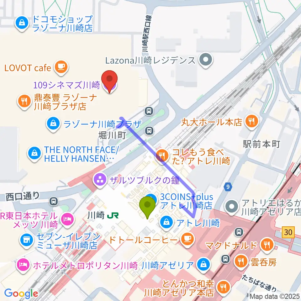 109シネマズ川崎の最寄駅川崎駅からの徒歩ルート（約3分）地図