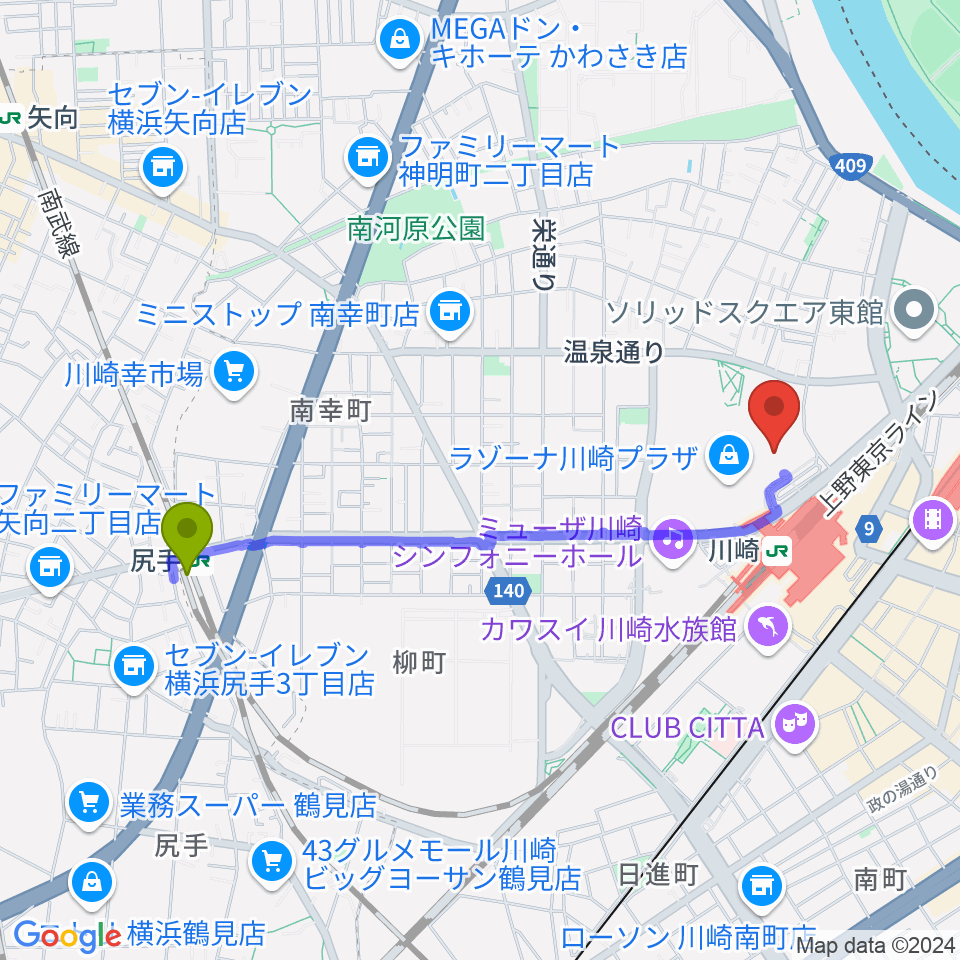 尻手駅から109シネマズ川崎へのルートマップ地図