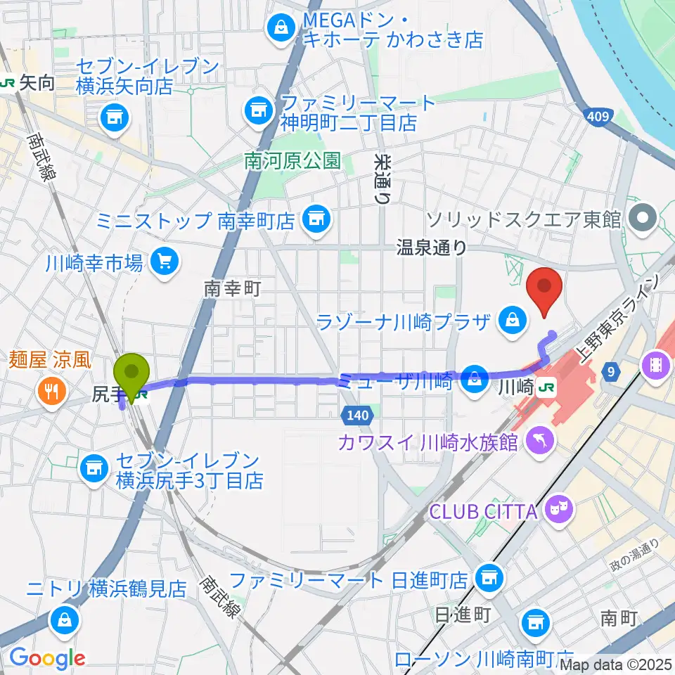 尻手駅から109シネマズ川崎へのルートマップ地図