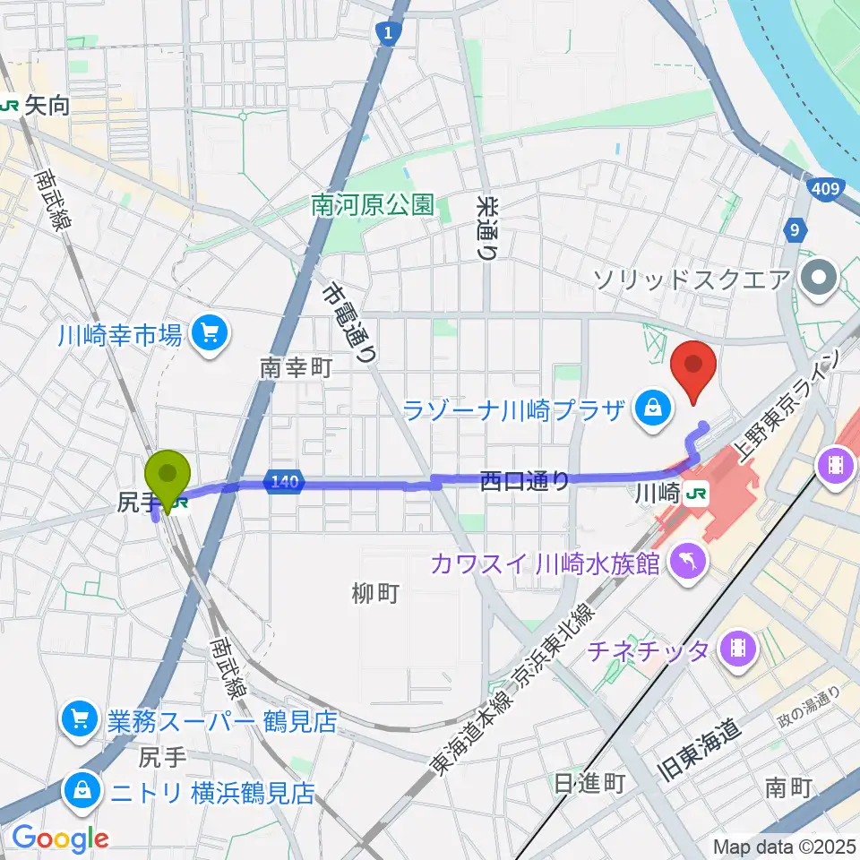 尻手駅から109シネマズ川崎へのルートマップ地図