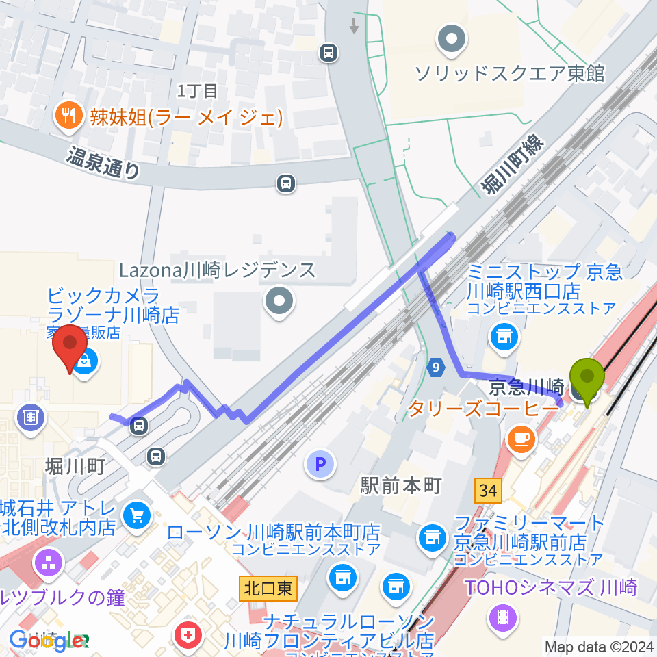 京急川崎駅から109シネマズ川崎へのルートマップ地図