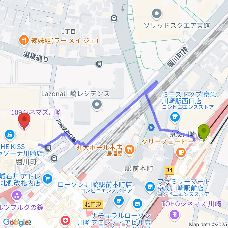 京急川崎駅から109シネマズ川崎へのルートマップ地図