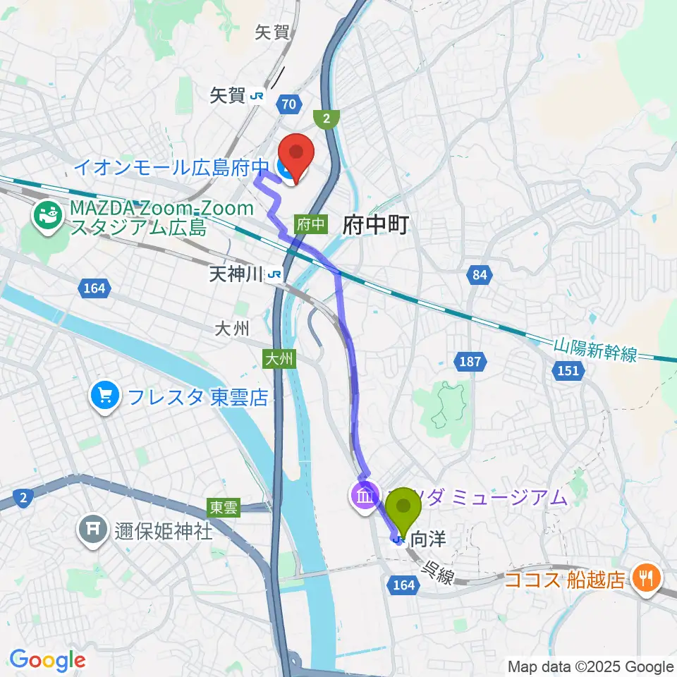 向洋駅から広島バルト11へのルートマップ地図