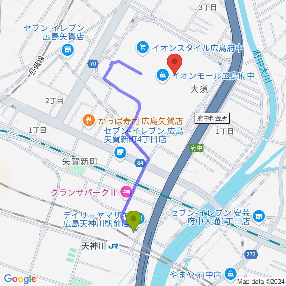 広島バルト11の最寄駅天神川駅からの徒歩ルート（約9分）地図