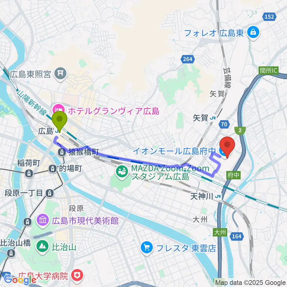 広島駅から広島バルト11へのルートマップ地図