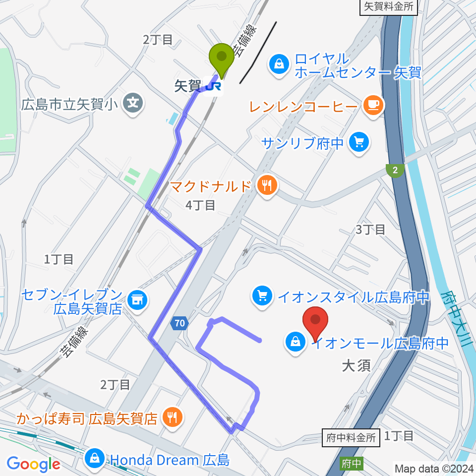 矢賀駅から広島バルト11へのルートマップ地図