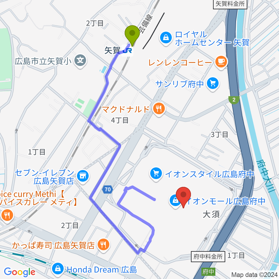 矢賀駅から広島バルト11へのルートマップ地図