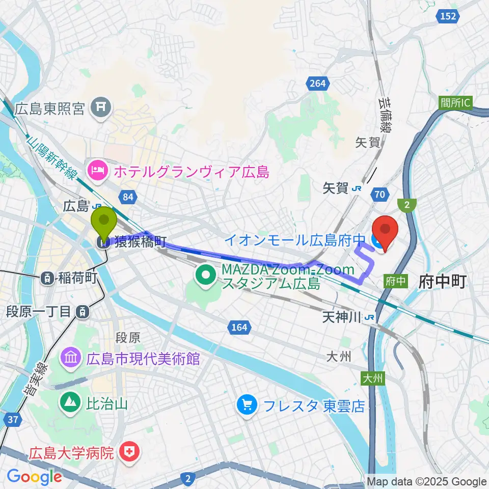 猿猴橋町駅から広島バルト11へのルートマップ地図
