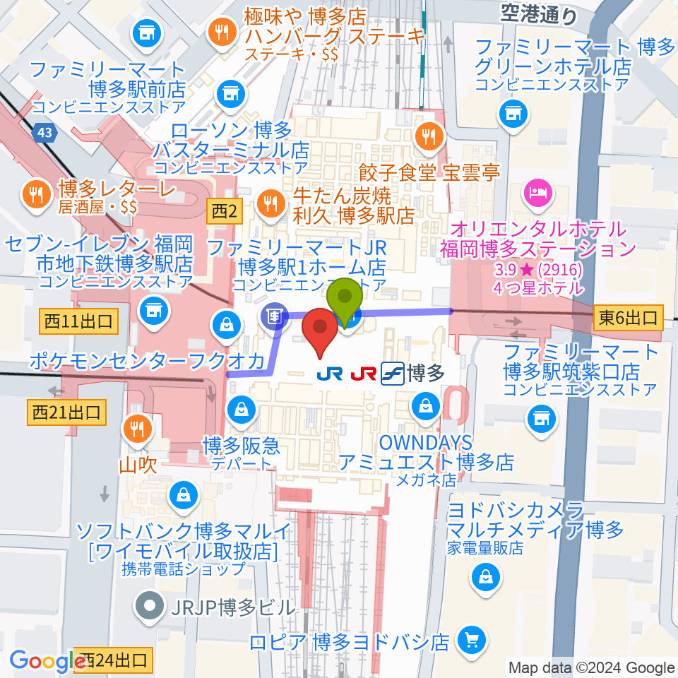 T・ジョイ博多の最寄駅博多駅からの徒歩ルート（約0分）地図