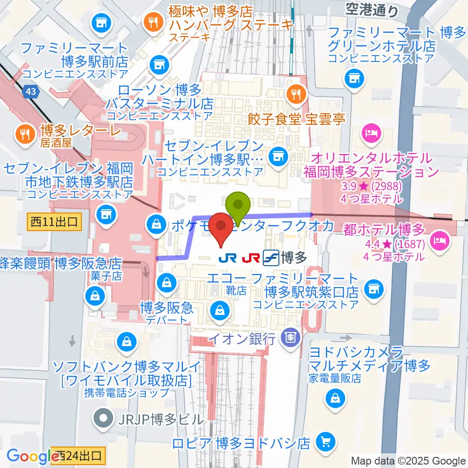 T・ジョイ博多の最寄駅博多駅からの徒歩ルート（約0分）地図