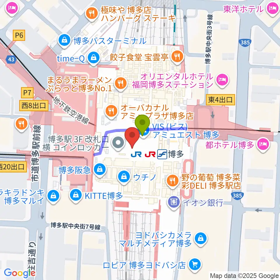 T・ジョイ博多の最寄駅博多駅からの徒歩ルート（約0分）地図