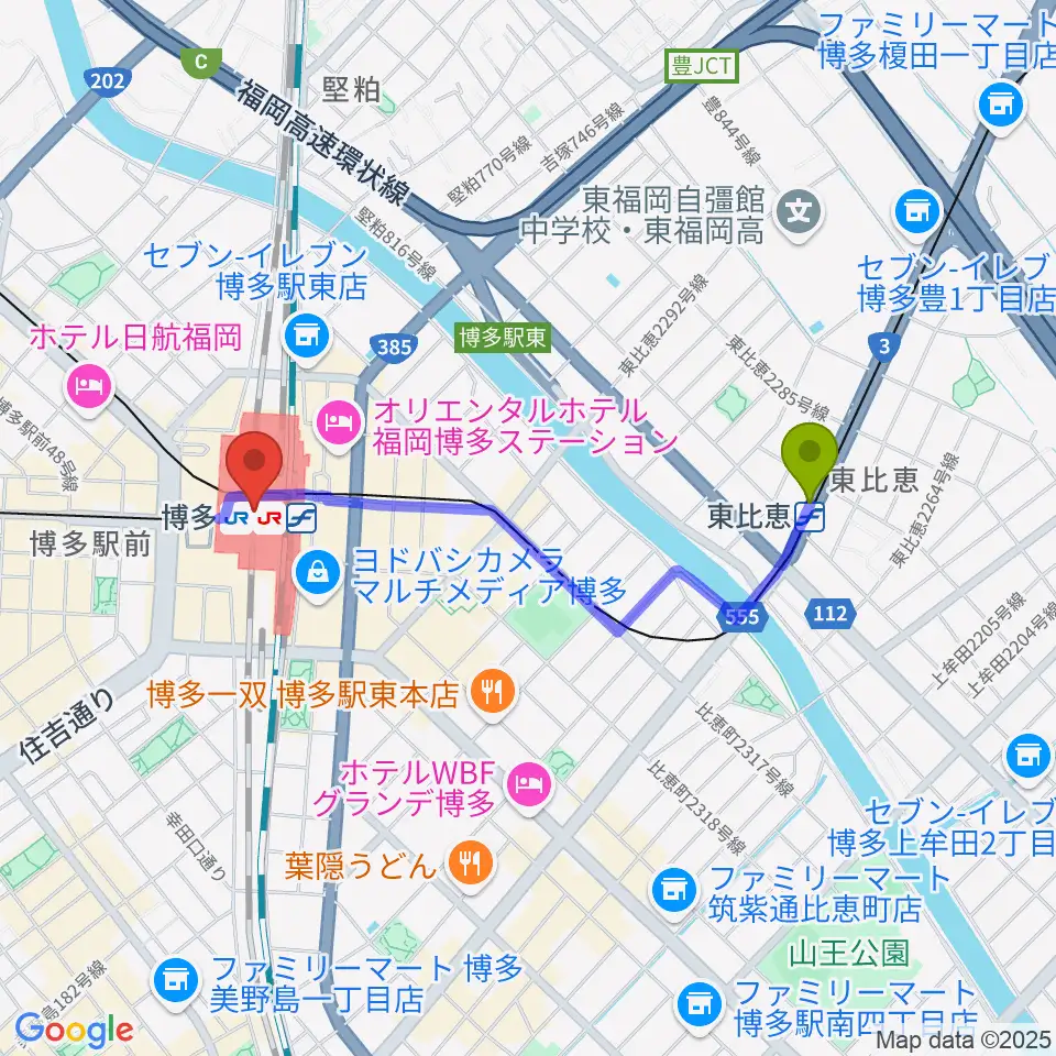 東比恵駅からT・ジョイ博多へのルートマップ地図