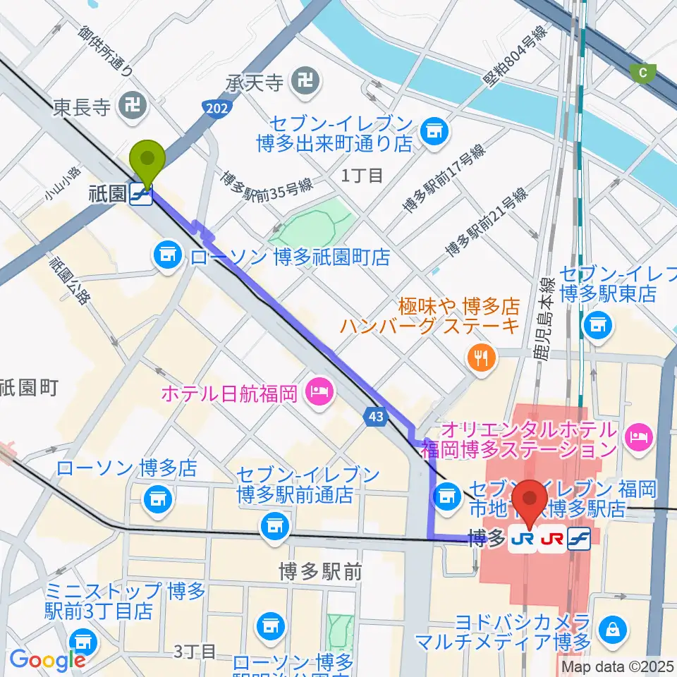 祇園駅からT・ジョイ博多へのルートマップ地図