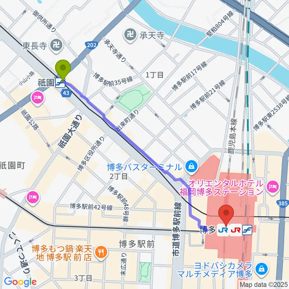 祇園駅からT・ジョイ博多へのルートマップ地図