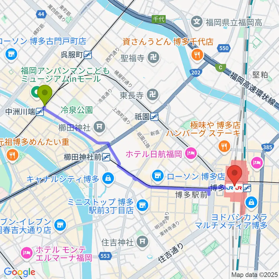 中洲川端駅からT・ジョイ博多へのルートマップ地図