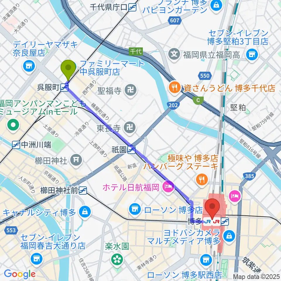 呉服町駅からT・ジョイ博多へのルートマップ地図