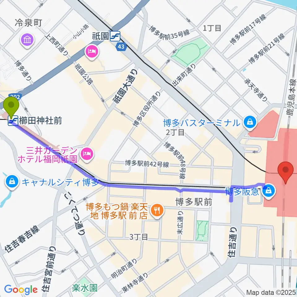 櫛田神社前駅からT・ジョイ博多へのルートマップ地図