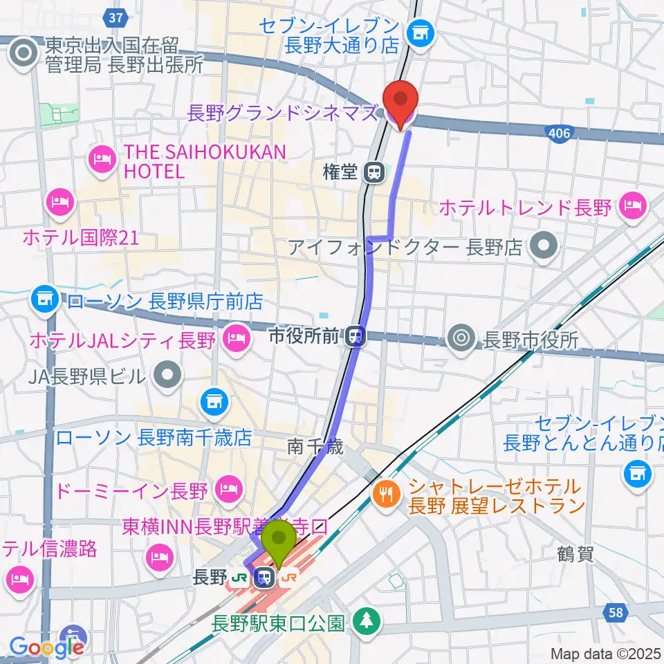 長野駅から長野グランドシネマズへのルートマップ地図