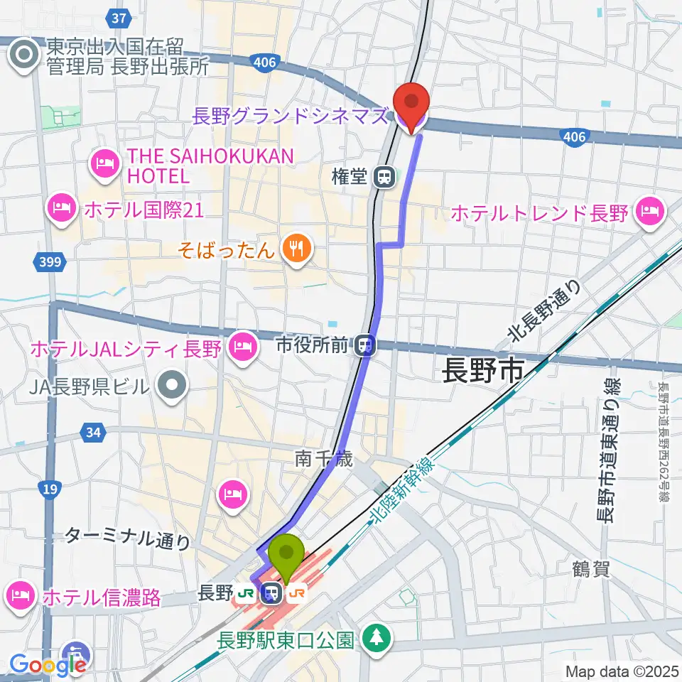 長野駅から長野グランドシネマズへのルートマップ地図
