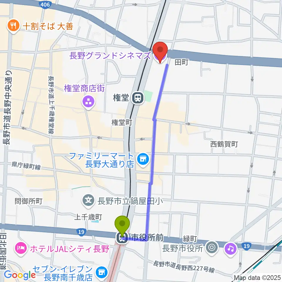 市役所前駅から長野グランドシネマズへのルートマップ地図