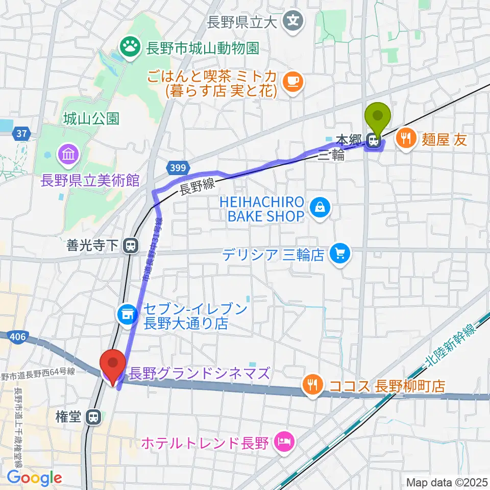 本郷駅から長野グランドシネマズへのルートマップ地図