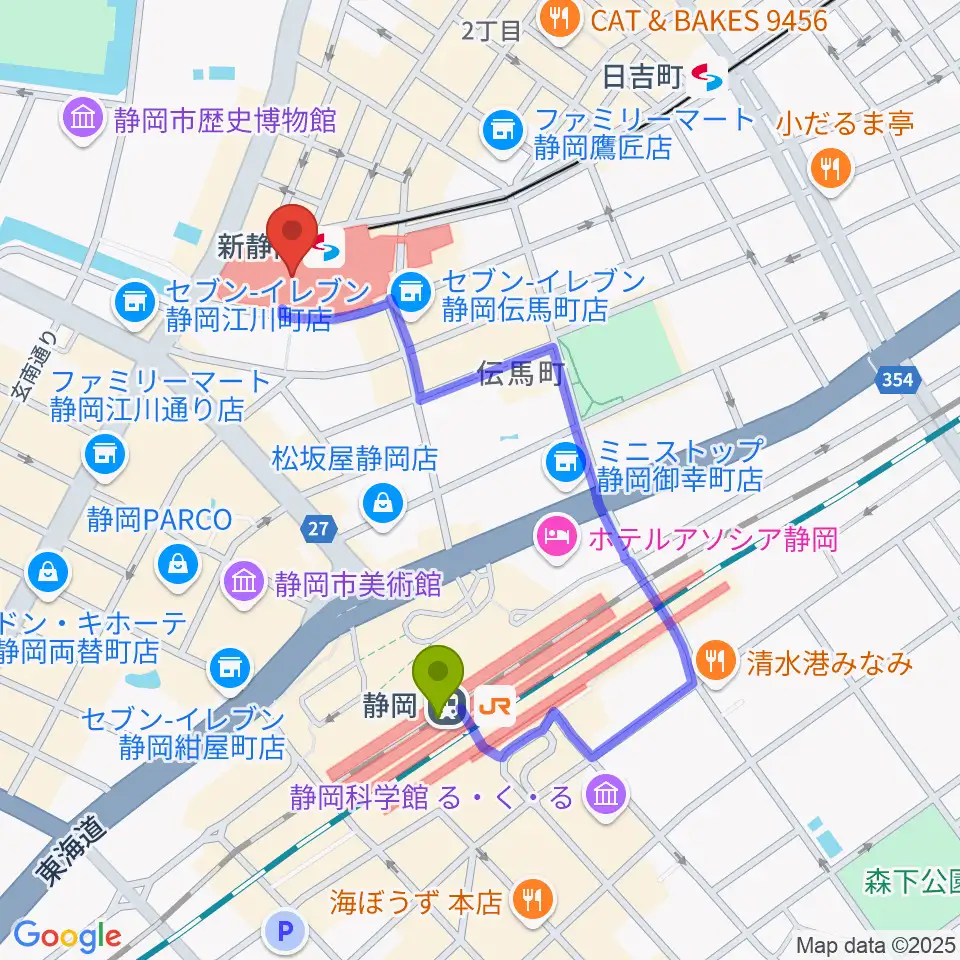 静岡駅からシネシティザートへのルートマップ地図