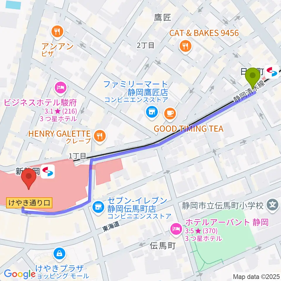 日吉町駅からシネシティザートへのルートマップ地図