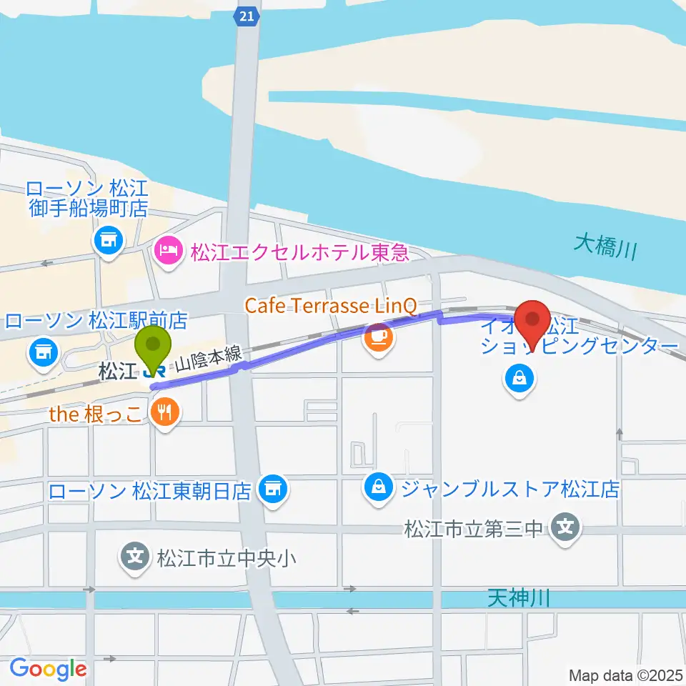 松江東宝5の最寄駅松江駅からの徒歩ルート（約9分）地図