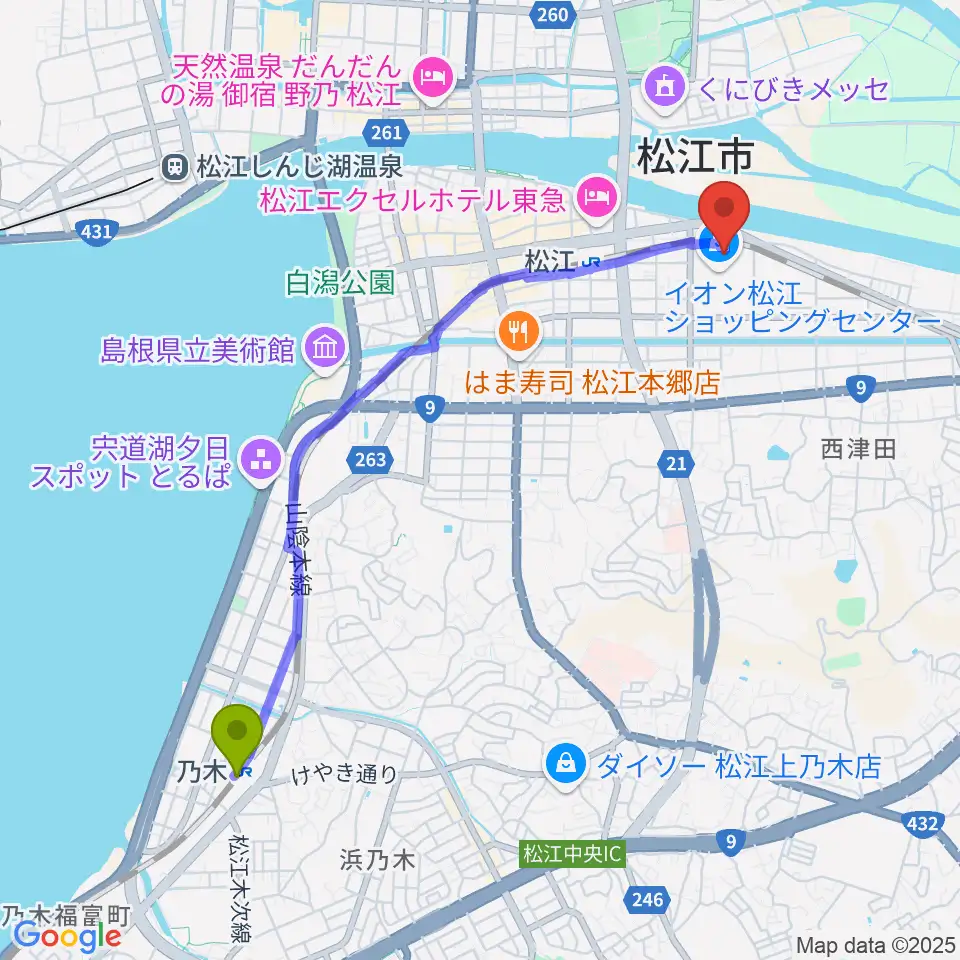 乃木駅から松江東宝5へのルートマップ地図