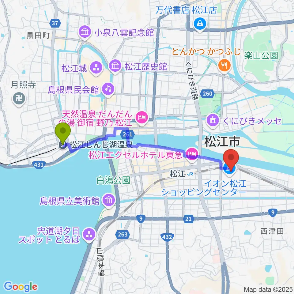 松江しんじ湖温泉駅から松江東宝5へのルートマップ地図