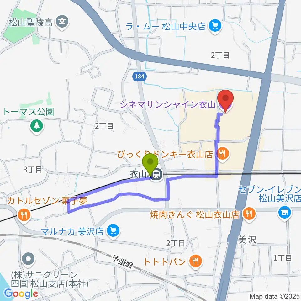 シネマサンシャイン衣山の最寄駅衣山駅からの徒歩ルート（約5分）地図