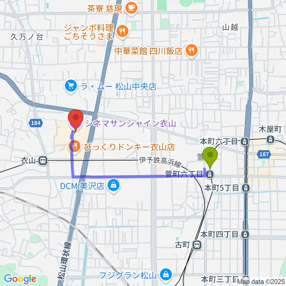 萱町六丁目駅からシネマサンシャイン衣山へのルートマップ地図