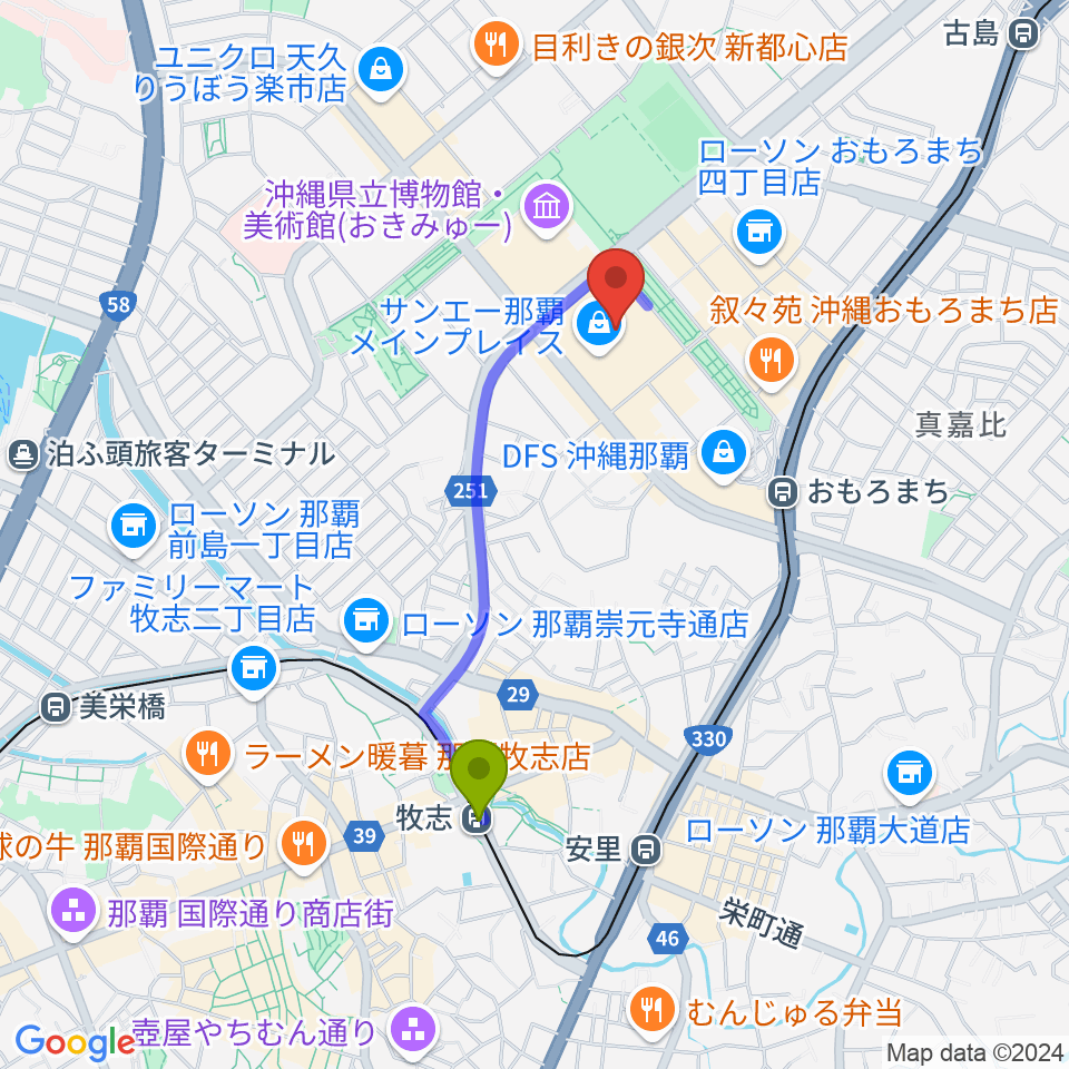 牧志駅からシネマQへのルートマップ地図