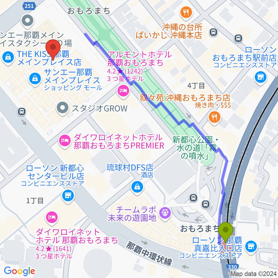 シネマQの最寄駅おもろまち駅からの徒歩ルート（約8分）地図