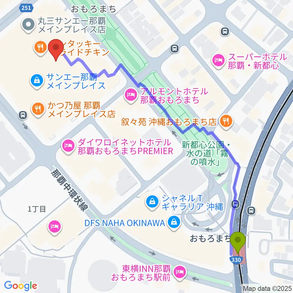シネマQの最寄駅おもろまち駅からの徒歩ルート（約8分）地図