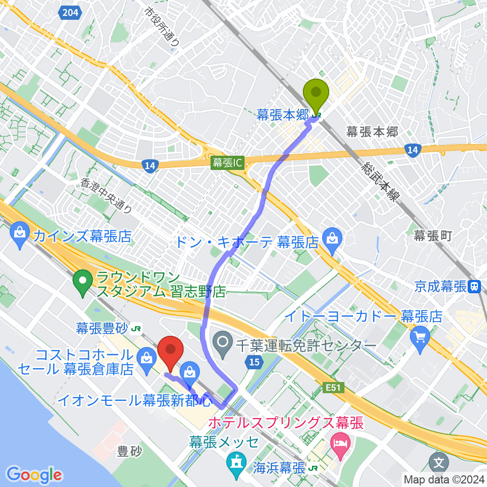 幕張本郷駅からイオンシネマ幕張新都心へのルートマップ地図