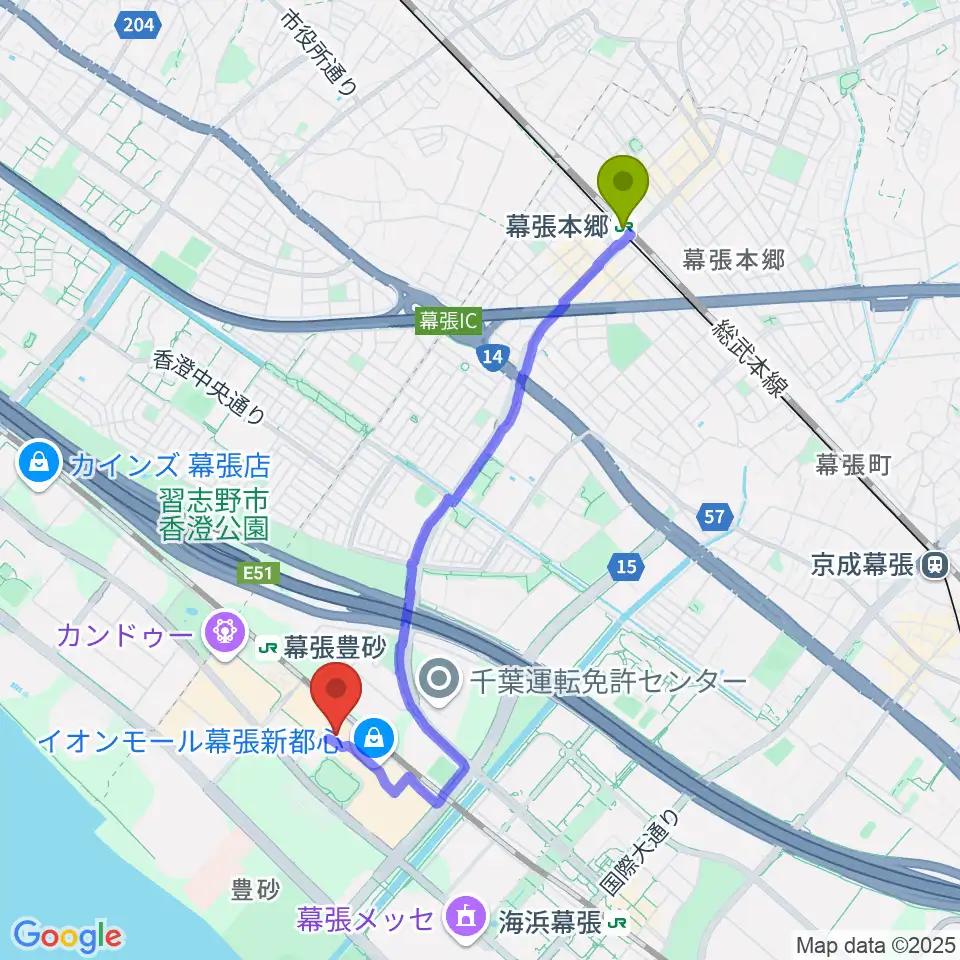 幕張本郷駅からイオンシネマ幕張新都心へのルートマップ地図