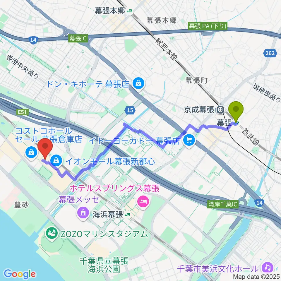 幕張駅からイオンシネマ幕張新都心へのルートマップ地図