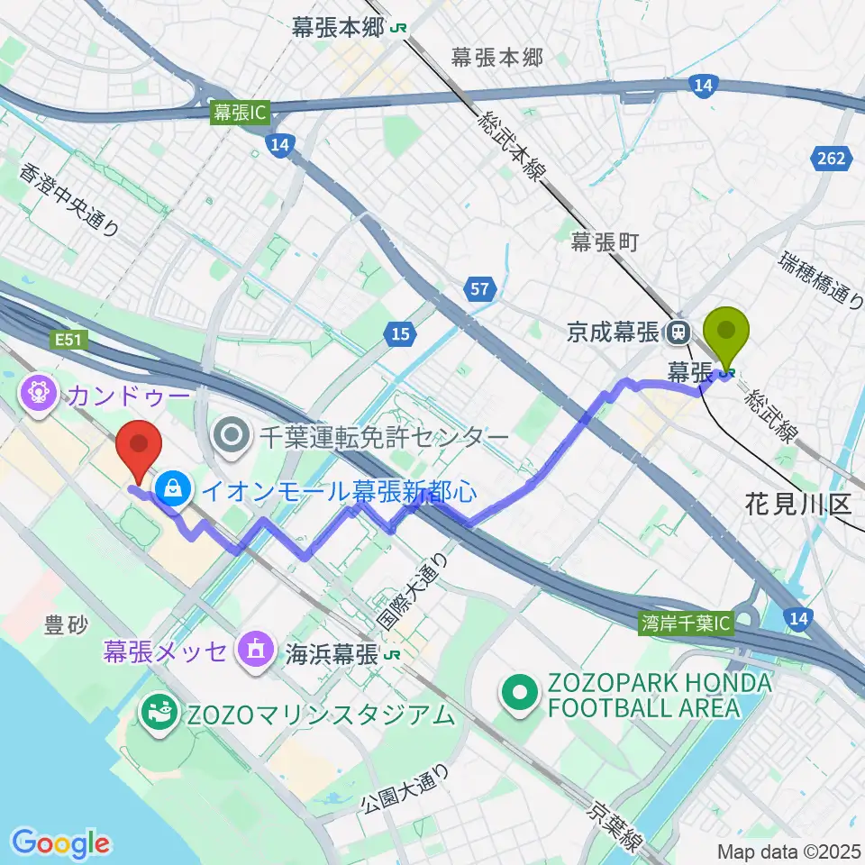 幕張駅からイオンシネマ幕張新都心へのルートマップ地図