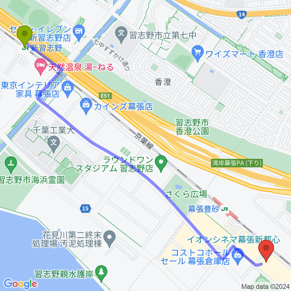新習志野駅からイオンシネマ幕張新都心へのルートマップ地図