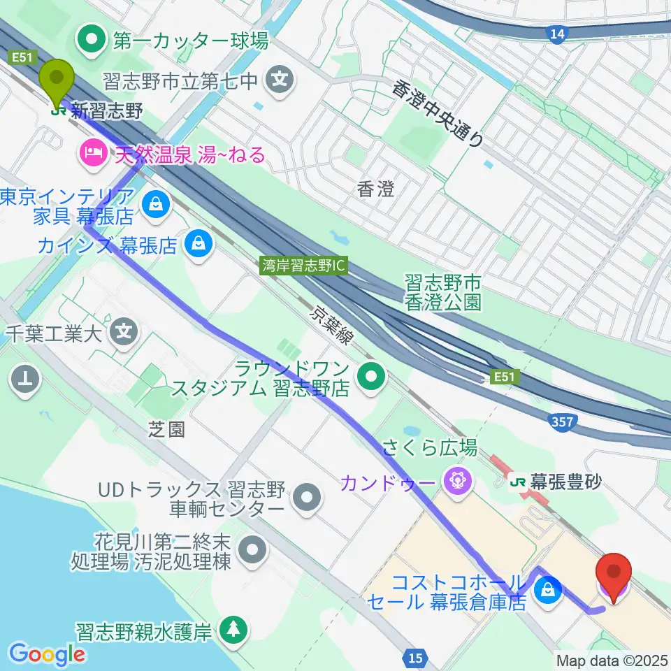 新習志野駅からイオンシネマ幕張新都心へのルートマップ地図