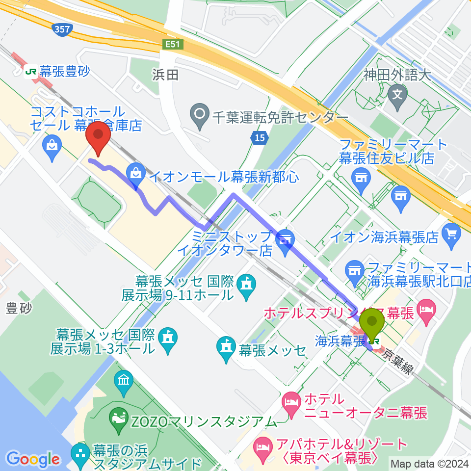 イオンシネマ幕張新都心の最寄駅海浜幕張駅からの徒歩ルート（約22分）地図