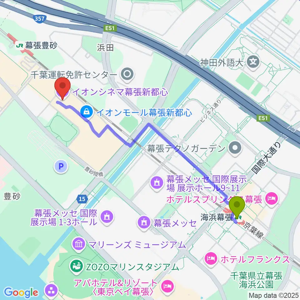 イオンシネマ幕張新都心の最寄駅海浜幕張駅からの徒歩ルート（約22分）地図