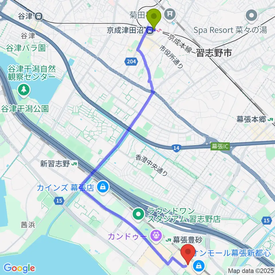 京成津田沼駅からイオンシネマ幕張新都心へのルートマップ地図