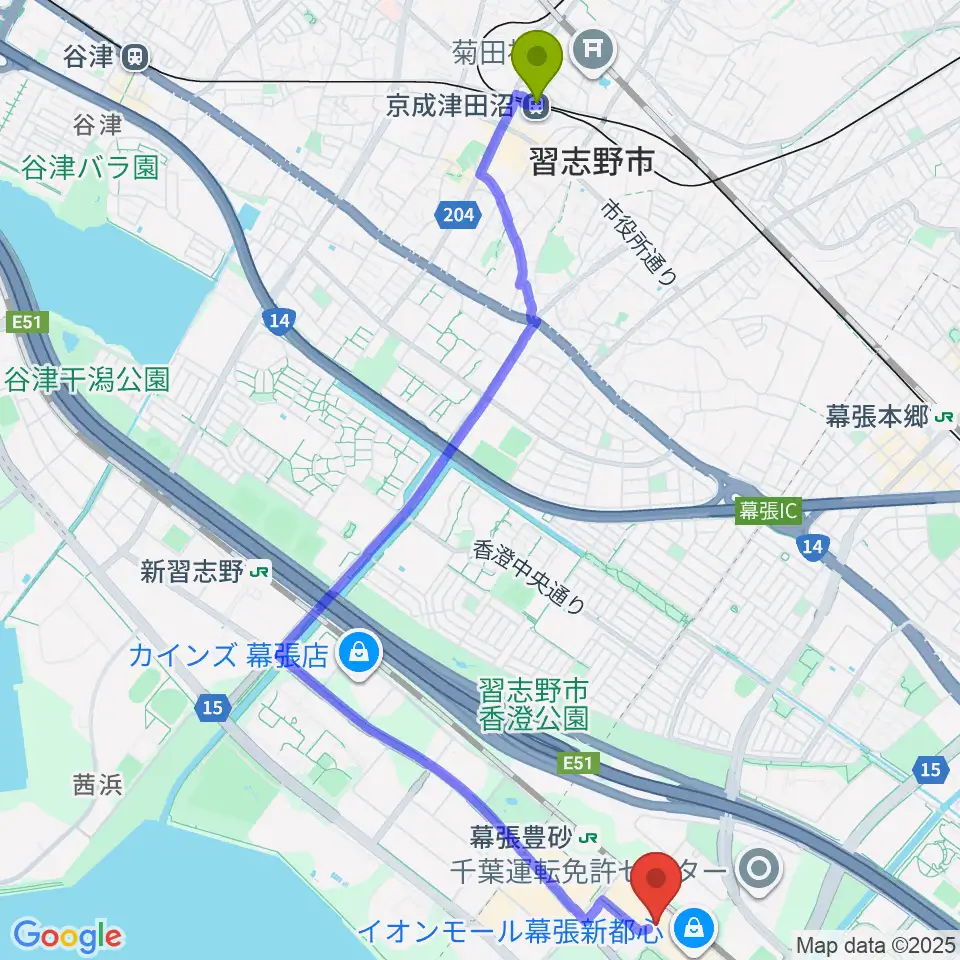京成津田沼駅からイオンシネマ幕張新都心へのルートマップ地図